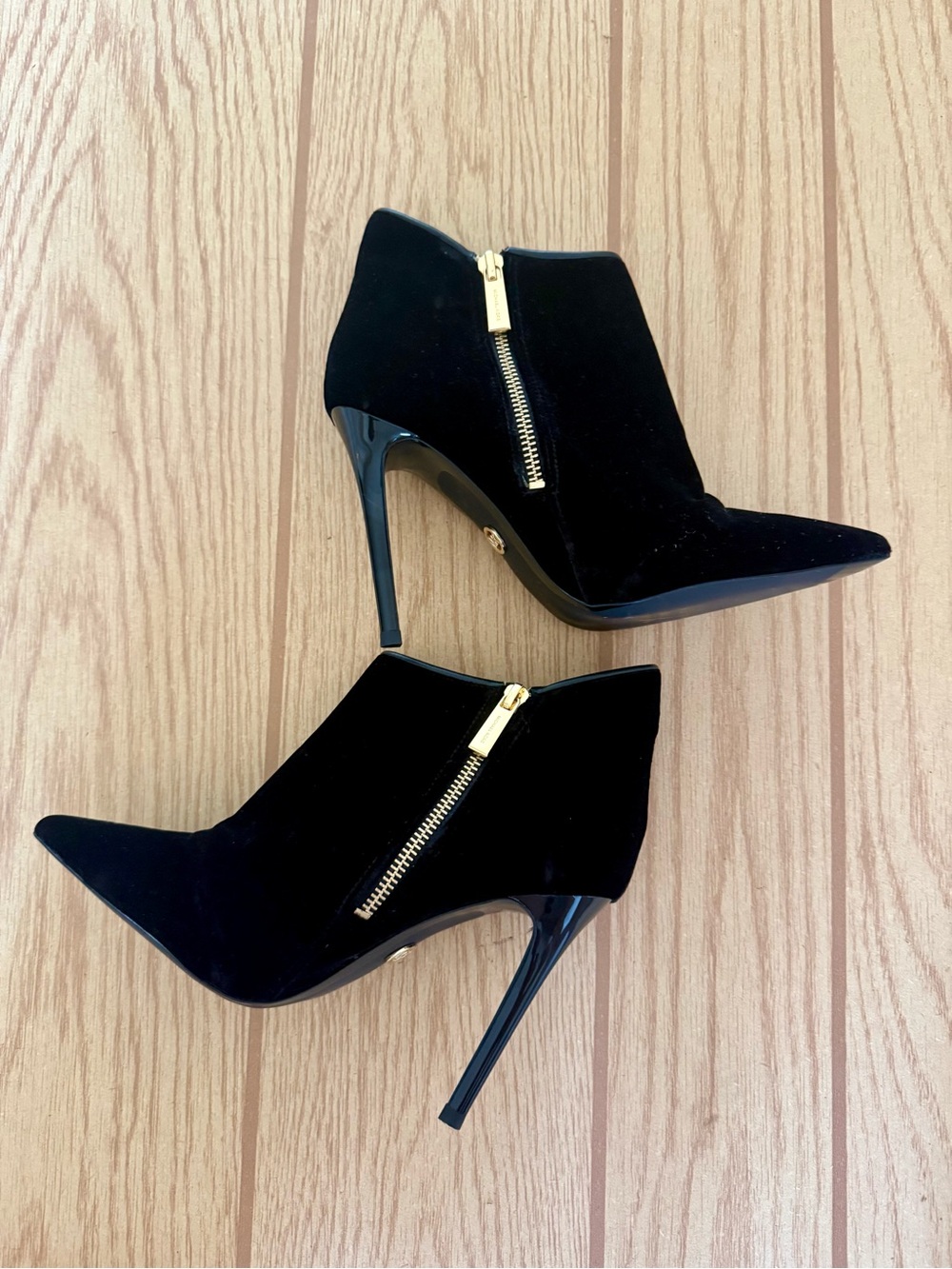 Mk Women's Black Suede Pointed Stiletto Booties with Gold Zip
